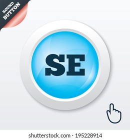 Swedish language sign icon. SE Sweden Portugal translation symbol. Blue shiny button. Modern UI website button with hand cursor pointer. Vector