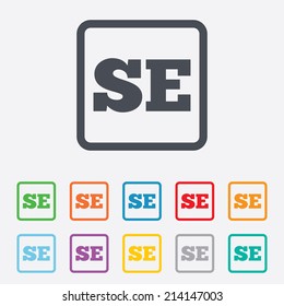 Swedish language sign icon. SE Sweden Portugal translation symbol. Round squares buttons with frame. Vector