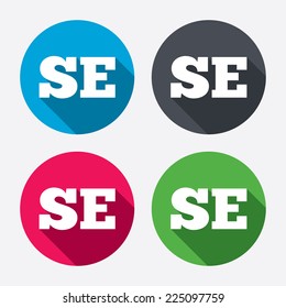 Swedish language sign icon. SE Sweden translation symbol. Circle buttons with long shadow. 4 icons set. Vector