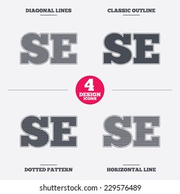 Swedish language sign icon. SE Sweden translation symbol. Diagonal and horizontal lines, classic outline, dotted texture. Pattern design icons.  Vector