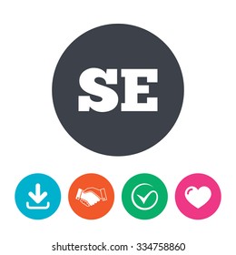 Swedish language sign icon. SE Sweden translation symbol. Download arrow, handshake, tick and heart. Flat circle buttons.