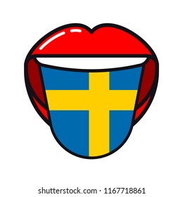 Swedish language tongue with flag Sweden open woman smile mouth flat icon