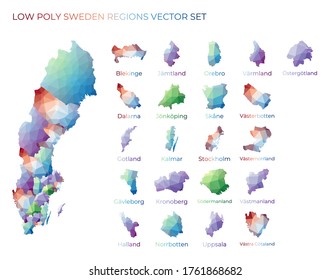 Swedish low poly regions. Polygonal map of Sweden with regions. Geometric maps for your design. Vibrant vector illustration.