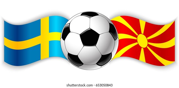 Swedish and Macedonian wavy flags with football ball. Sweden combined with Macedonia isolated on white. Football match or international sport competition concept.