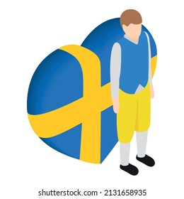 Swedish man icon isometric vector. Swede in national costume near country flag. Swedish traditional clothing, national flag in shape of heart