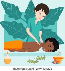 Swedish massage with professional massage therapis in spa. European and African ethnicity. Isolated flat vector illustration.