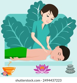 Swedish massage with professional massage therapis in spa. European and Asian ethnicity. Isolated flat vector illustration.