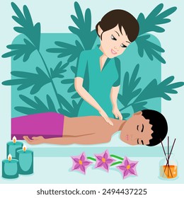 Swedish massage with professional massage therapis in spa. European and Indian ethnicity. Isolated flat vector illustration.