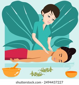 Swedish massage with professional massage therapis in spa. European and Eastern ethnicity. Isolated flat vector illustration.