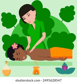 Swedish massage with professional massage therapis in spa. Asian and African ethnicity. Isolated flat vector illustration.