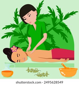 Swedish massage with professional massage therapis in spa. Asian and Eastern ethnicity. Isolated flat vector illustration.