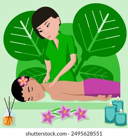 Swedish massage with professional massage therapis in spa. Asian and Indian ethnicity. Isolated flat vector illustration.