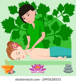 Swedish massage with professional massage therapis in spa. Asian and European ethnicity. Isolated flat vector illustration.