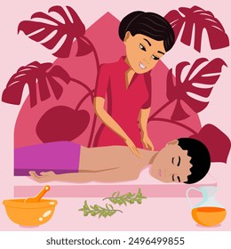 Swedish massage with professional massage therapis in spa. Middle Eastern and Indian ethnicity. Isolated flat vector illustration.