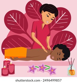 Swedish massage with professional massage therapis in spa. Middle Eastern and African ethnicity. Isolated flat vector illustration.