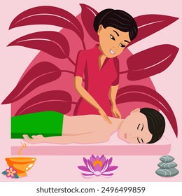 Swedish massage with professional massage therapis in spa. Middle Eastern and Asian ethnicity. Isolated flat vector illustration.