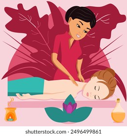 Swedish massage with professional massage therapis in spa. Middle Eastern and European ethnicity. Isolated flat vector illustration.