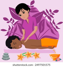 Swedish massage with professional massage therapist in spa. Indian and African ethnicity. Isolated flat vector illustration.