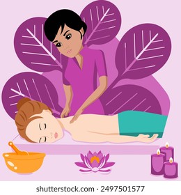 Swedish massage with professional massage therapist in spa. Indian and European ethnicity. Isolated flat vector illustration.