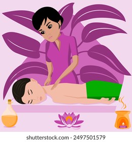 Swedish massage with professional massage therapist in spa. Indian and Asian ethnicity. Isolated flat vector illustration.