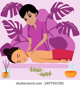 Swedish massage with professional massage therapist in spa. Indian and Middle Eastern ethnicity. Isolated flat vector illustration.