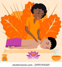 Swedish massage with professional massage therapist in spa. African and Indian ethnicity. Isolated flat vector illustration.