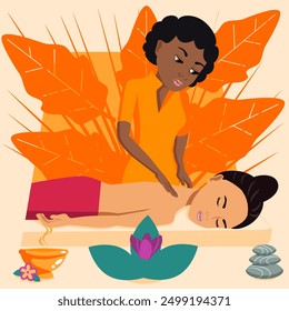 Swedish massage with professional massage therapist in spa. African and Middle Eastern ethnicity. Isolated flat vector illustration.