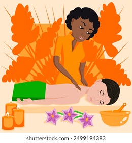 Swedish massage with professional massage therapist in spa. African and Asian ethnicity. Isolated flat vector illustration.