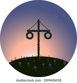 Swedish maypole in a bright midsummer night, vector illustration.