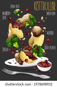 Swedish meatballs kottbullar in sauce with boiled potatoes, broccoli and lingonberry sauce. Vector illustration