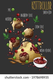 Swedish meatballs kottbullar in sauce with mashed potatoes, peas and lingonberry sauce. Vector illustration