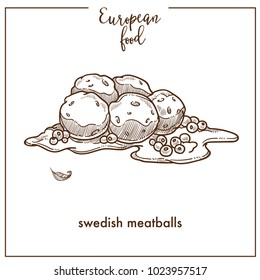 Swedish meatballs sketch icon for European food cuisine menu design