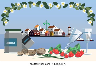 Swedish midsummer in the archipelago with typical course of food including pickled herring, new potatoes, chive, snaps and strawberries.