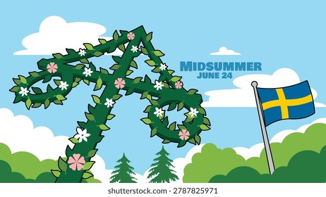 Swedish midsummer celebration vector illustration. A vibrant cartoon design featuring a traditional floral-wrapped maypole and the Sweden flag under a sunny blue sky. Midsummer, June 24th