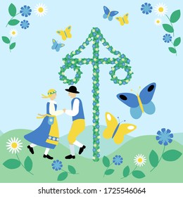 Swedish midsummer. A traditional Maypole with a loving dancing couple, butterflies and flowers.  Celebration of midsummer.