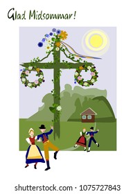 Swedish National Costumes  Midsummer Is A Celebration Of Summer And Light, And Is One Of The Most Celebrated Holidays In Sweden.May Pole.Midsummer Flowers.June Festival Party. Vector Illustration.