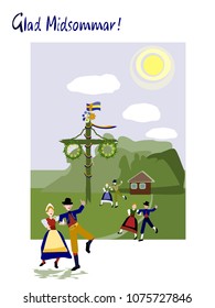 Swedish National Costumes  Midsummer Is A Celebration Of Summer And Light, And Is One Of The Most Celebrated Holidays In Sweden.May Pole.Midsummer Flowers.June Festival Party. Vector Illustration.