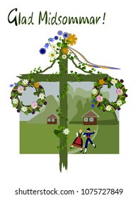 Swedish National Costumes  Midsummer Is A Celebration Of Summer And Light, And Is One Of The Most Celebrated Holidays In Sweden.May Pole.Midsummer Flowers.June Festival Party. Vector Illustration.