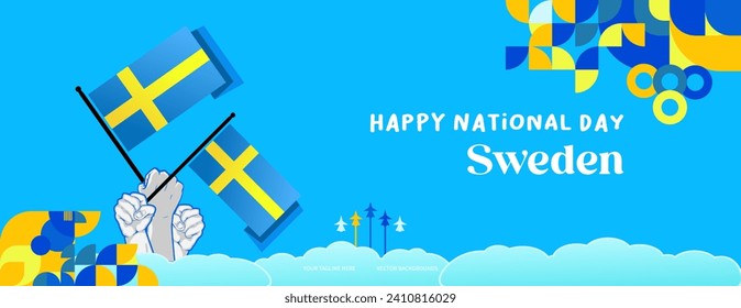 Swedish National Day banner in modern colorful geometric style. Happy Sweden National Independence Day greeting card design with typography. Vector illustration for national holiday celebration party