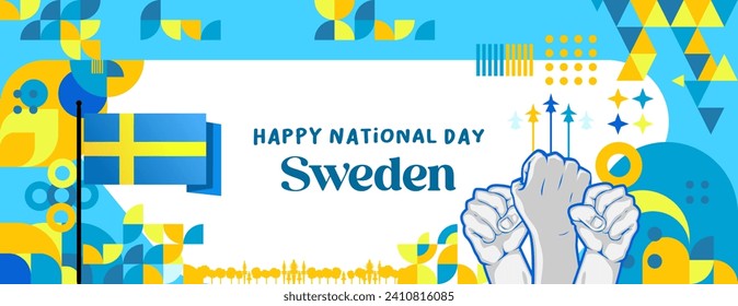 Swedish National Day banner in modern colorful geometric style. Happy Sweden National Independence Day greeting card design with typography. Vector illustration for national holiday celebration party