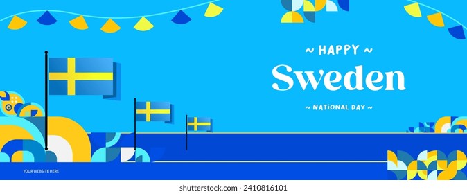 Swedish National Day banner in modern colorful geometric style. Happy Sweden National Independence Day greeting card design with typography. Vector illustration for national holiday celebration party