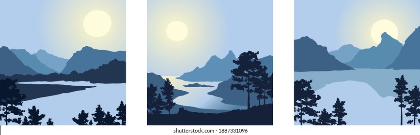 Swedish nature landscapes with mountains and pines. Three vector illustrations. Twilight, sunset.	