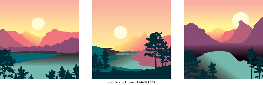 Swedish nature landscapes with mountains and pines. Three vector illustrations. Orange sunset.	