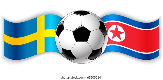 Swedish and North Korean wavy flags with football ball. Sweden combined with North Korea isolated on white. Football match or international sport competition concept.