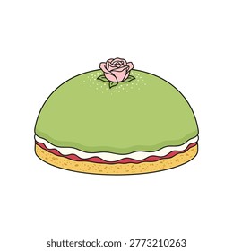 Swedish princess cake covered in green marzipan, cream, jam, and rose decoration. A festive and sweet pastry for special occasions. Traditional dessert.