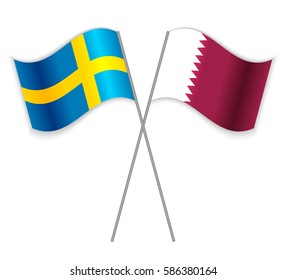 Swedish and Qatari crossed flags. Sweden combined with Qatar isolated on white. Language learning, international business or travel concept.