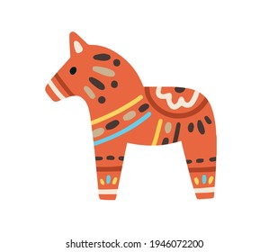 Swedish red horse or dalahorse with ornament. Scandinavian dala figurine with pattern. Nordic souvenir. Colored flat vector illustration isolated on white background