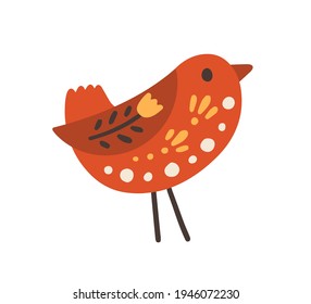 Swedish red wooden bird with floral ornament. Scandinavian wood figurine with pattern. Nordic souvenir. Colored flat vector illustration isolated on white background