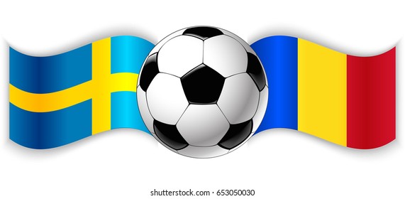 Swedish and Romanian wavy flags with football ball. Sweden combined with Romania isolated on white. Football match or international sport competition concept.