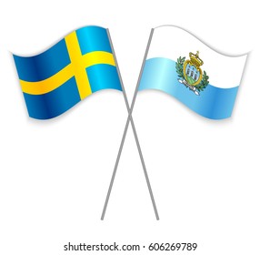 Swedish and Sammarinese crossed flags. Sweden combined with San Marino isolated on white. Language learning, international business or travel concept.